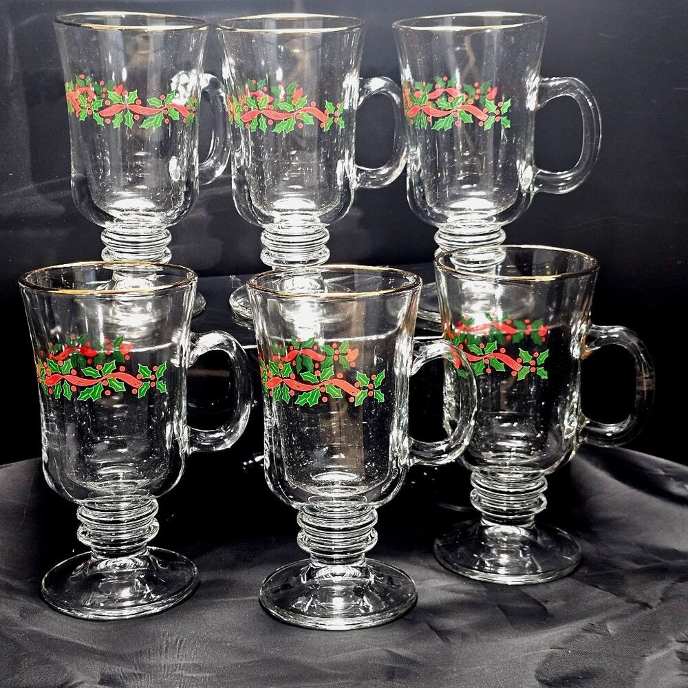 6 Libbey Holly Ribbons Irish Coffee Glasses 5.5" Christmas latte hot cocoa vtg